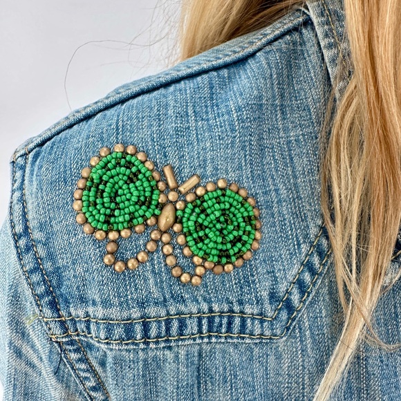 REMI RELIEF Distressed Embellished Denim Shirt - Picture 5 of 12